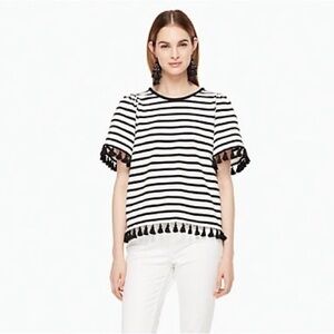 Kate Spade Broome Street Stripe Flutter Sleeve Top - Black & White Tassel Tee